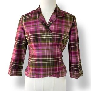 4/$20 Vintage Ann Taylor Petites Silk Plaid Wrap Blouse Pink Green Tartan 2P